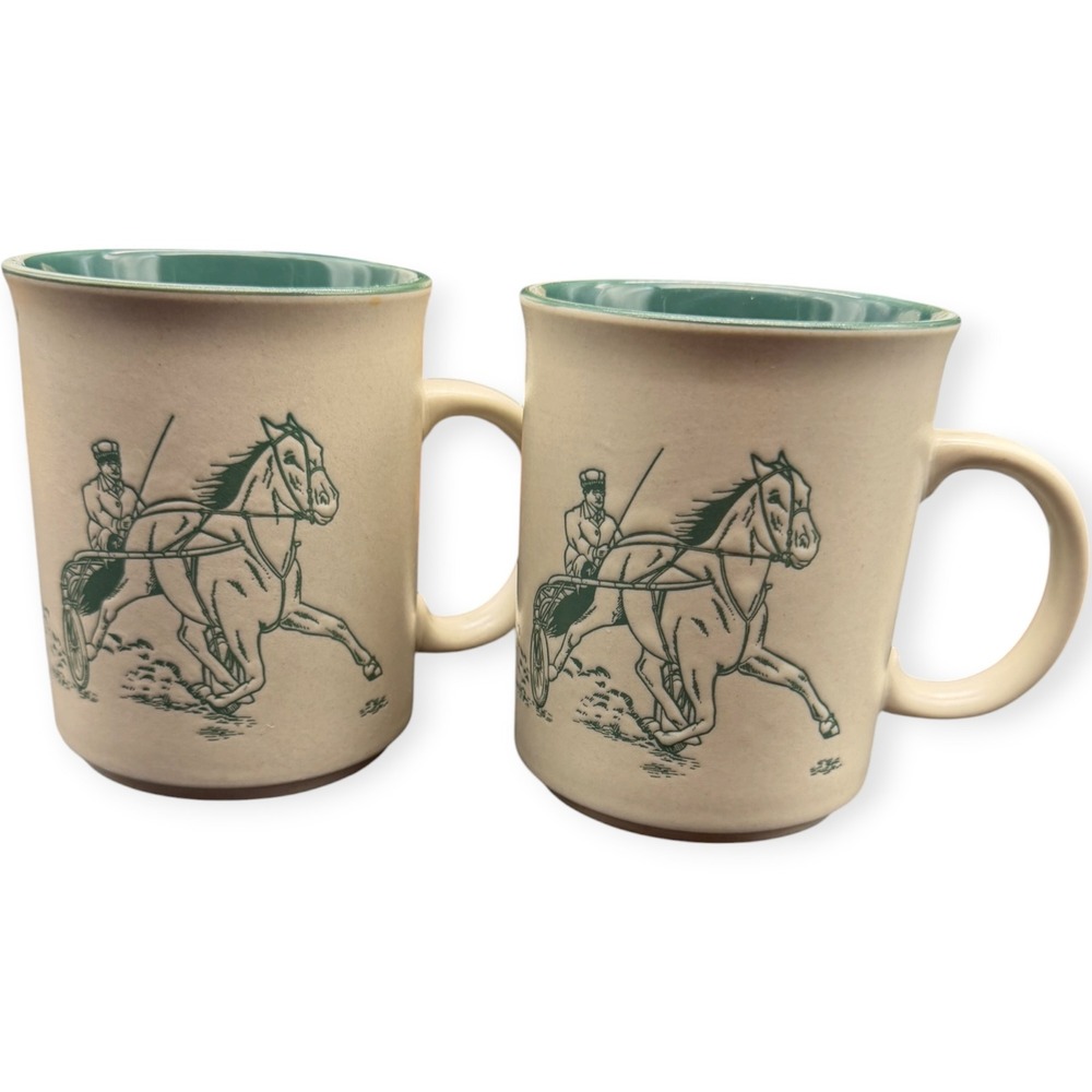 Dan Patch World Champion Pacer Horse History Mugs Set of 2 Green Cream Ceramic